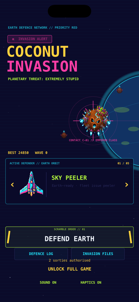 The title screen, styled as an Earth defence terminal: an invasion alert, the Coconut Emperor held in a targeting crosshair over the planet, and a DEFEND EARTH button.