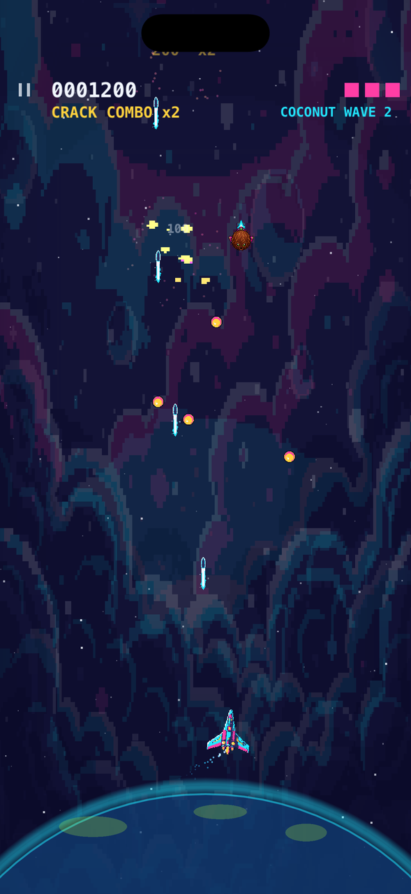 Gameplay: a cyan starfighter firing upward at a formation of armed brown coconuts, with the curve of Earth glowing at the bottom of the screen.